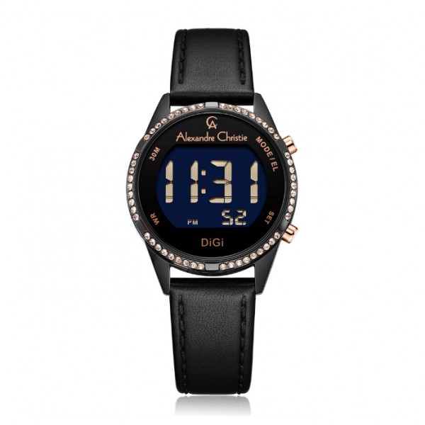 Alexandre Christie AC 9354 Full Black Rosegold Leather Diamond Digital LHLIPBARG